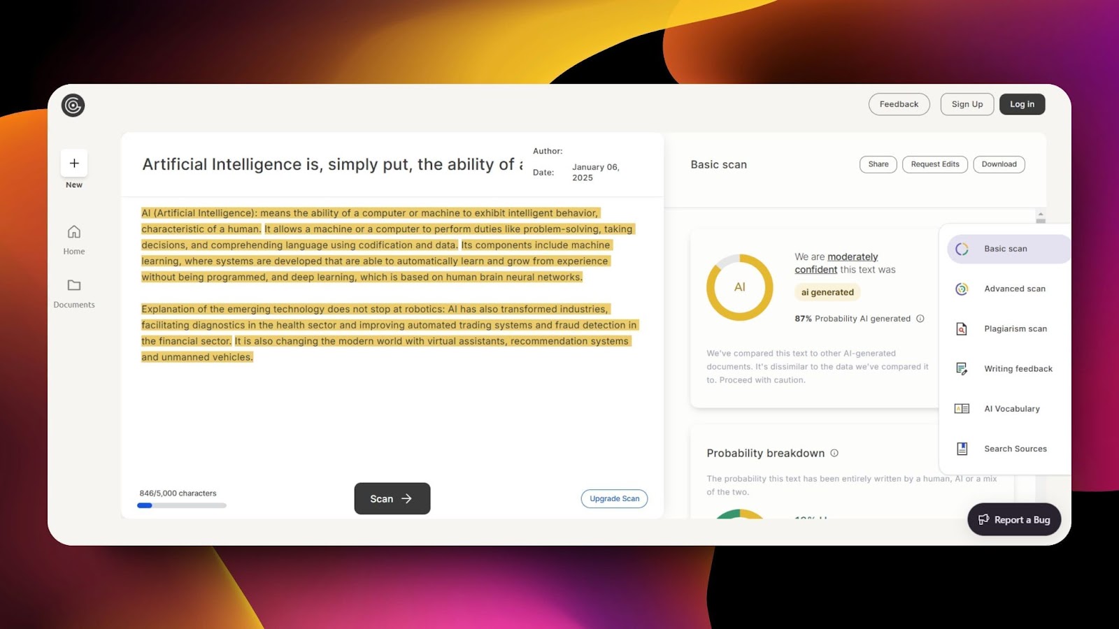 Screenshot of GPT Zero interface showing text analysis with 87% AI probability, highlighted sections, and options for plagiarism and advanced scans.