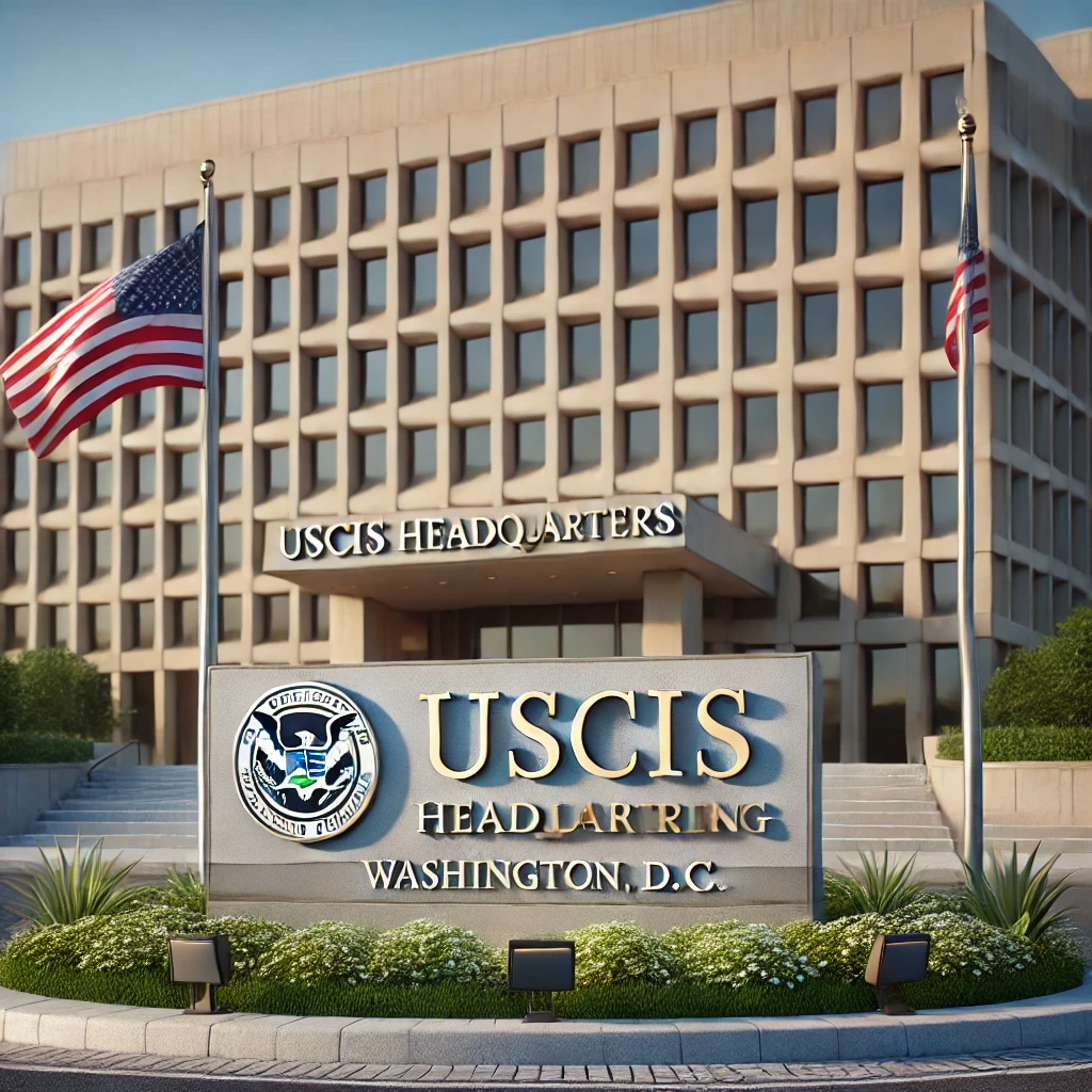 Front view of the USCIS headquarters building with the American flag in Washington, D.C.