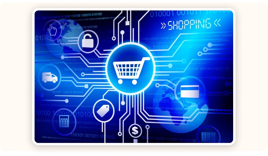Illustration commerce en ligne avec panier connecté, paiement, livraison et sécurité numérique&nbsp;