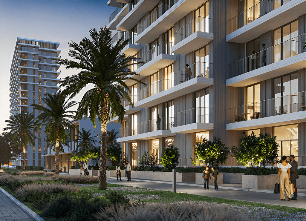 Parkland property exterior: modern building, palm trees, people walking, clear blue sky. Urban real estate.