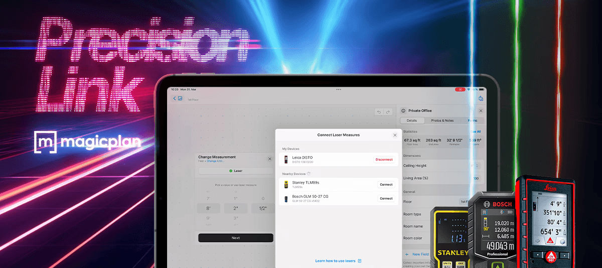 bluetooth laser meters and a tablet showing a sketch