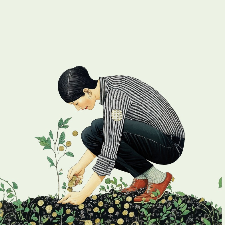 An illustration of a woman kneeling on the ground while planting coins in the soil