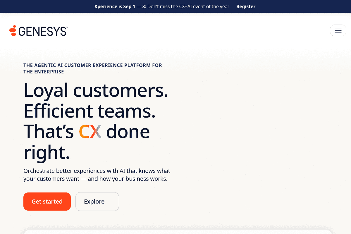 Genesys homepage headlined Loyal customers, Efficient teams, an agentic AI customer experience platform