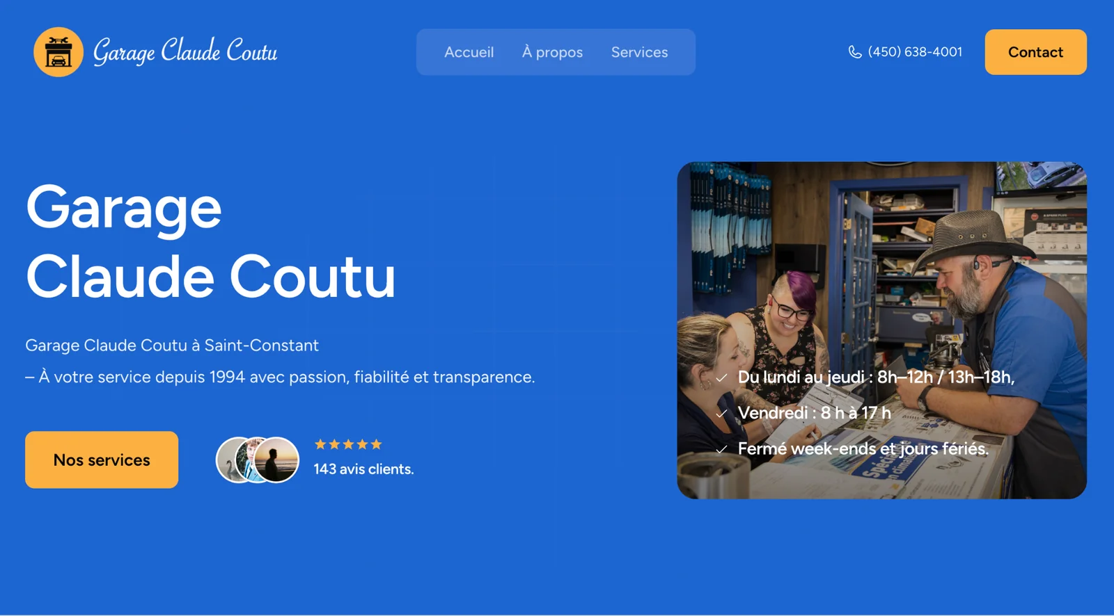 Page d’accueil du site web Garage Claude Coutu à Saint-Constant, mettant en avant un garage automobile local avec horaires, avis clients et interface moderne conçue par B503 Studio.