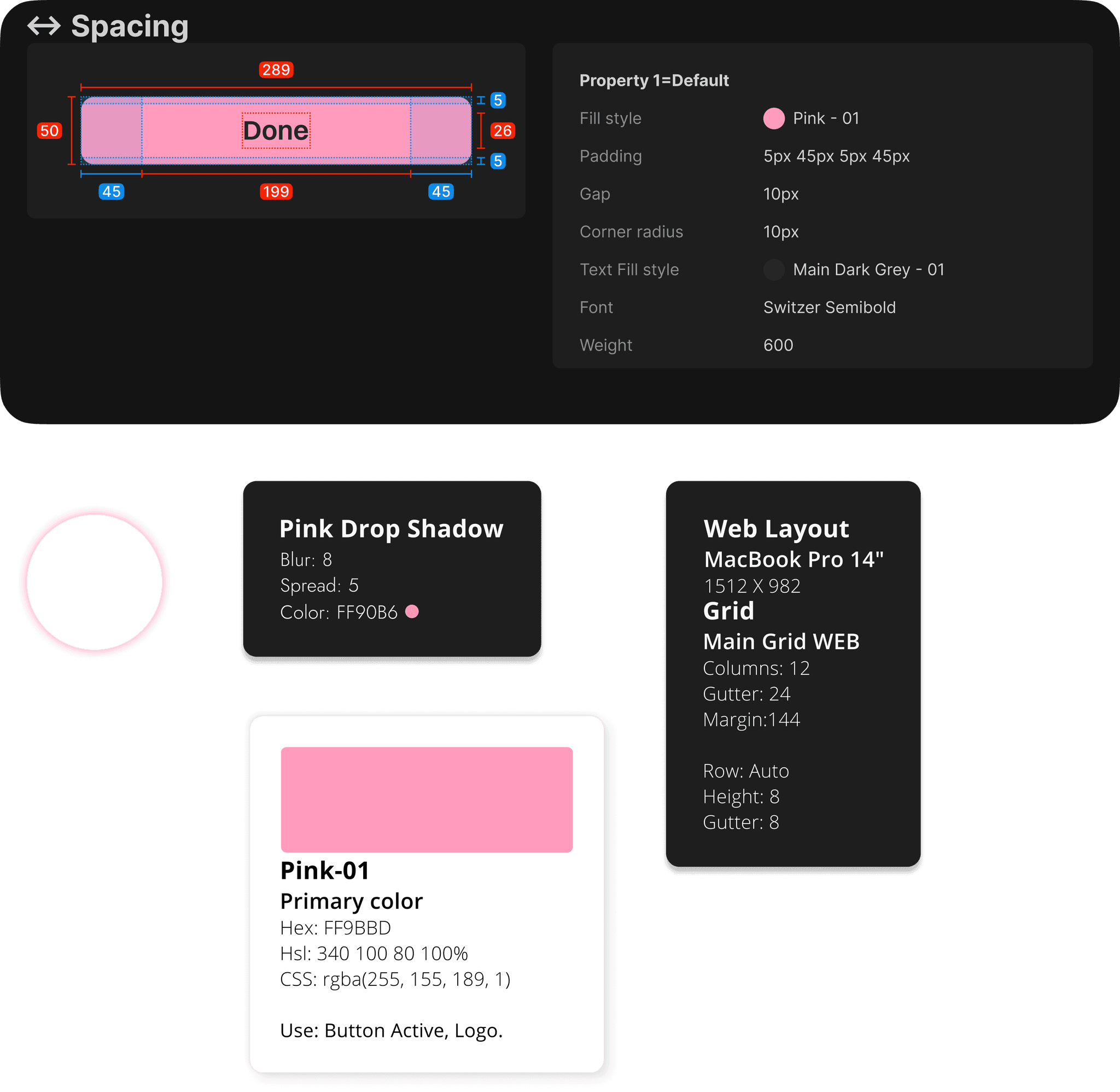 Image includes Button, Shadow, color and layout specs.