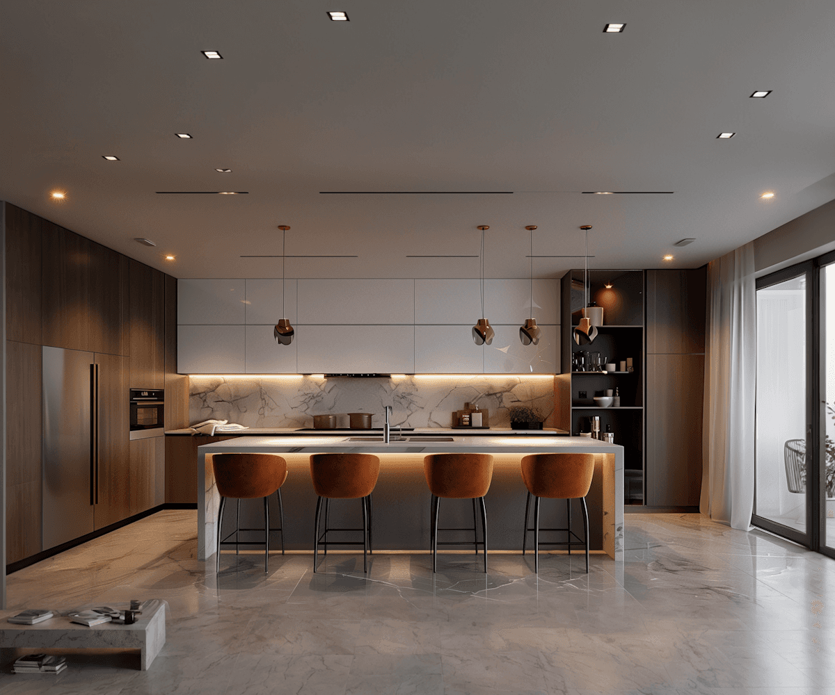 Contemporary kitchen with large marble-topped island and four tan leather bar stools, white and wood-grain two-tone cabinetry with warm LED under-cabinet lighting
