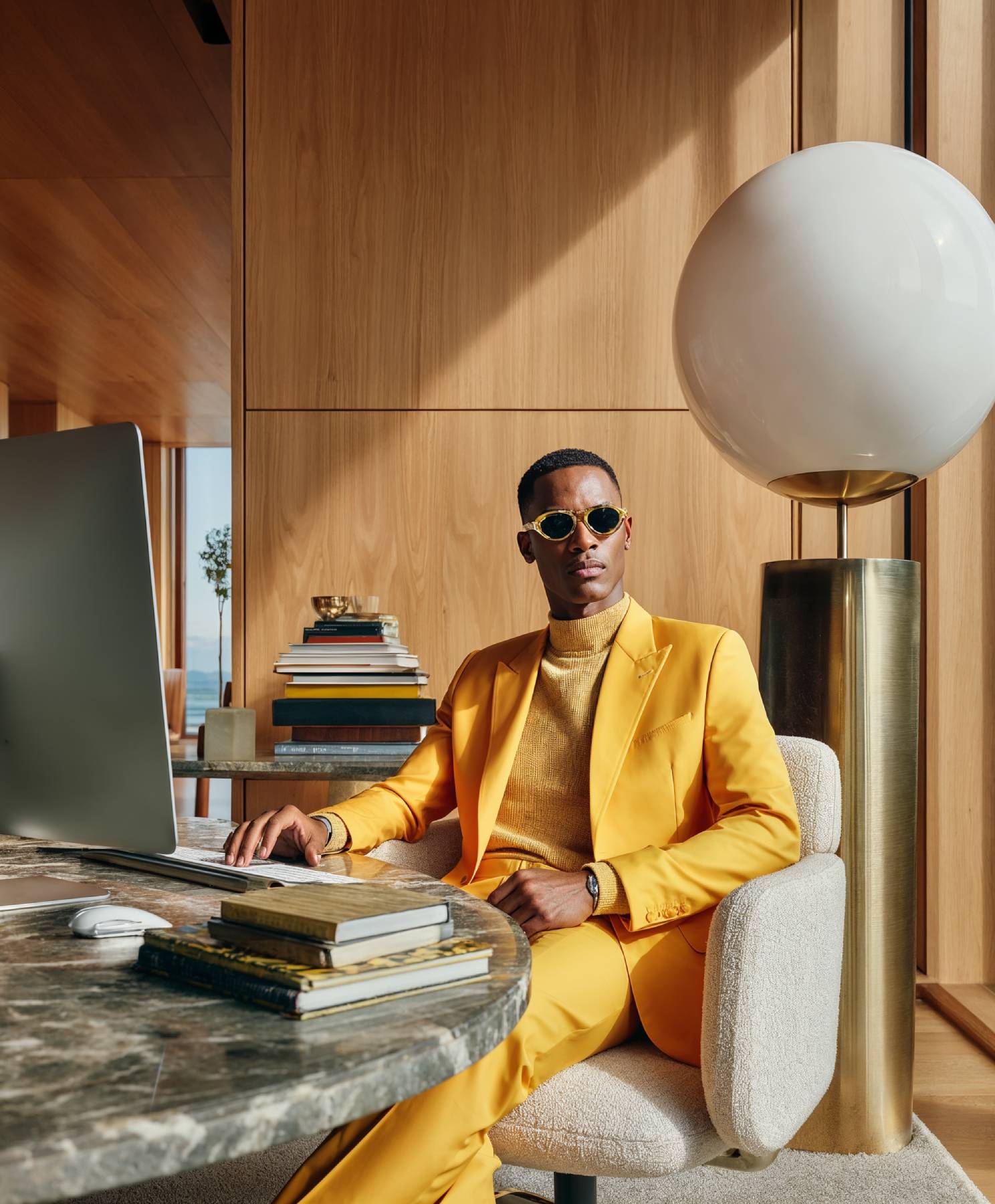 a stylish man wearing a yellow suit and sunglasses sits in an ultra modern office