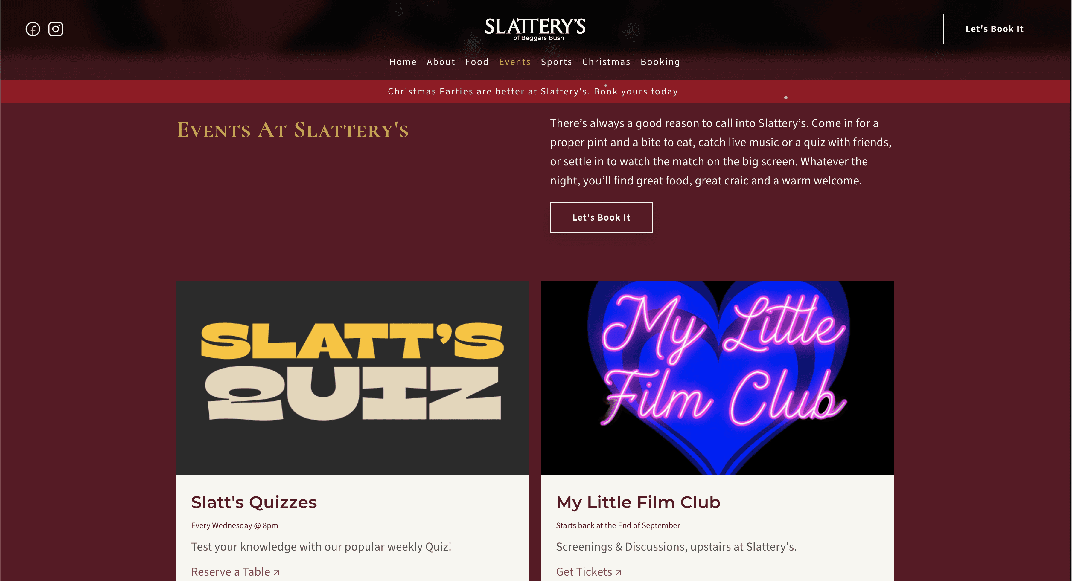 Events UI of Slatt's Quiz and my little film club at Slattery's.