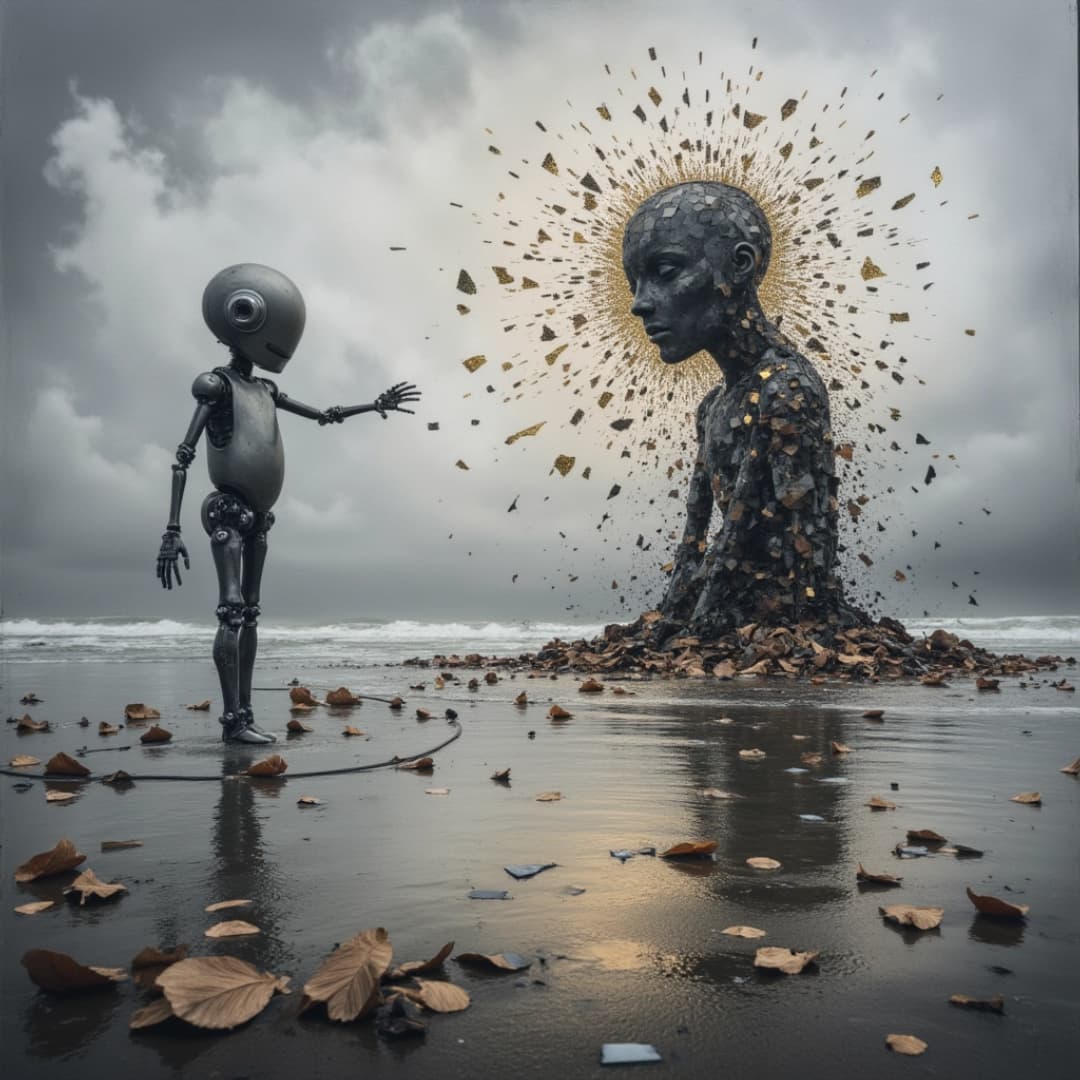 ein roboter steht am strand, streckt seine ahnd aus zu einer statue, die aussieht wie ein mensch