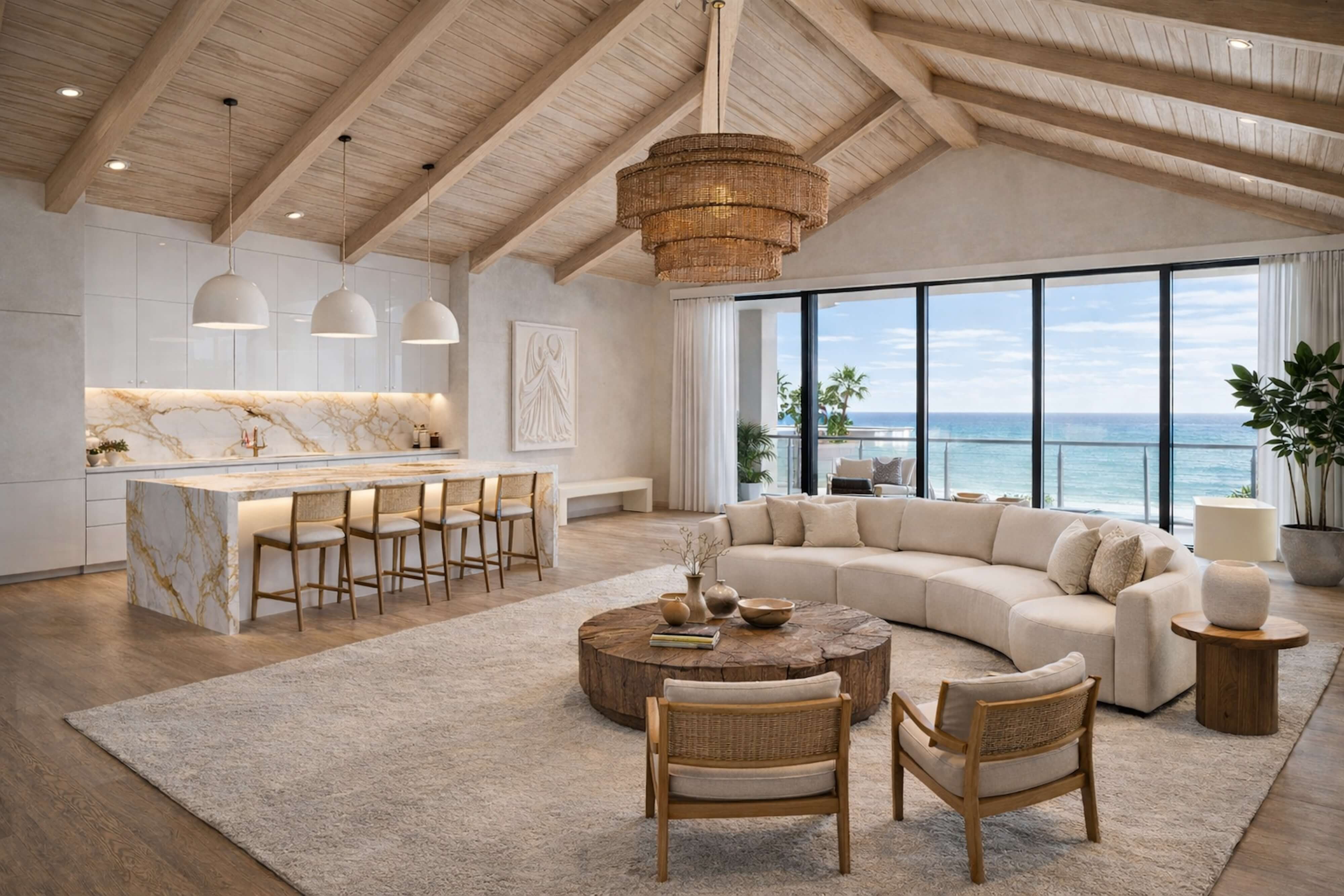 Serene bedroom with palm wallpaper, upholstered bed, soft neutrals, and warm morning light.