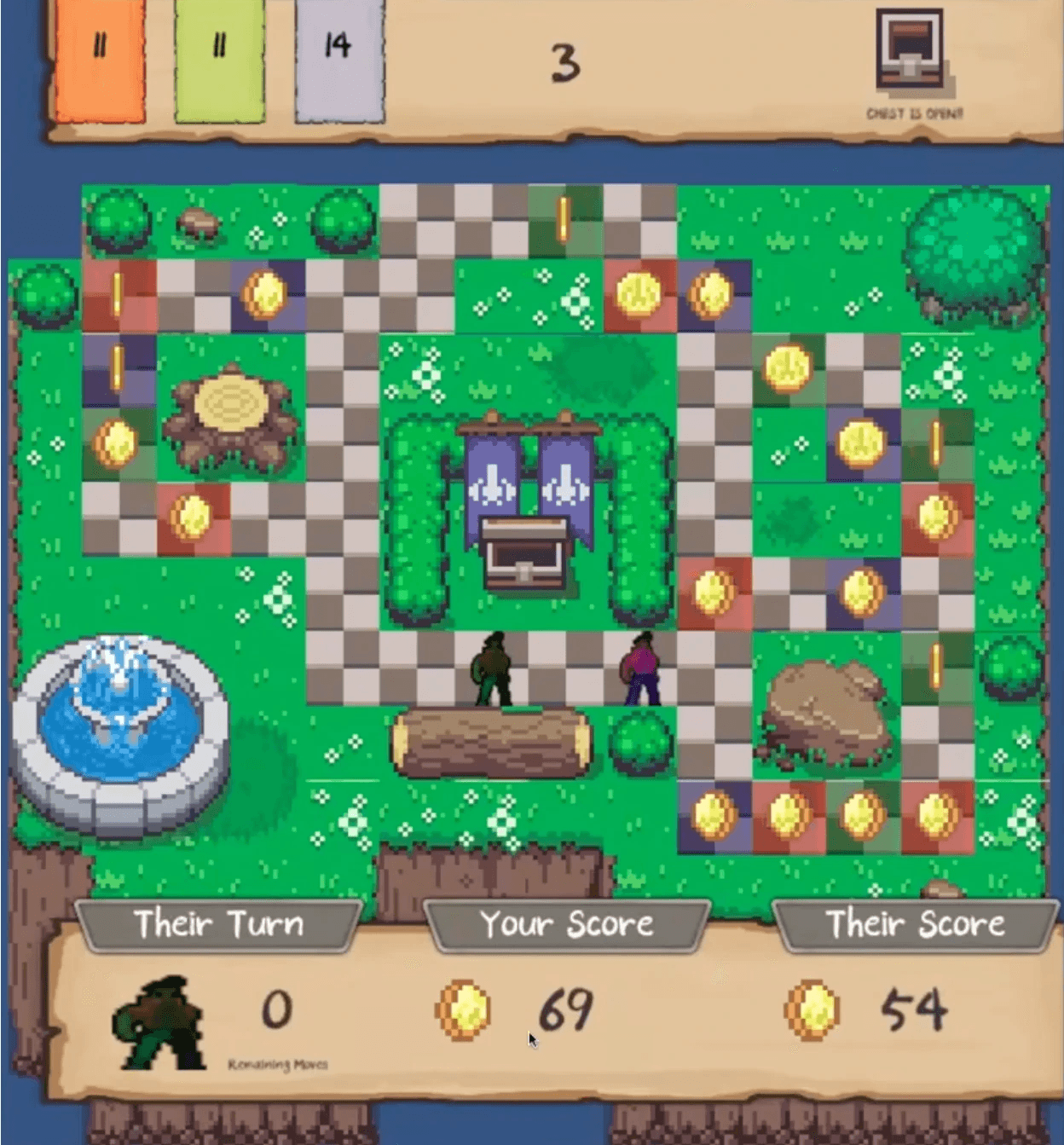 Final Eklectus 2-D playing field showing animated players, movement paths, coins, scores, and turn status