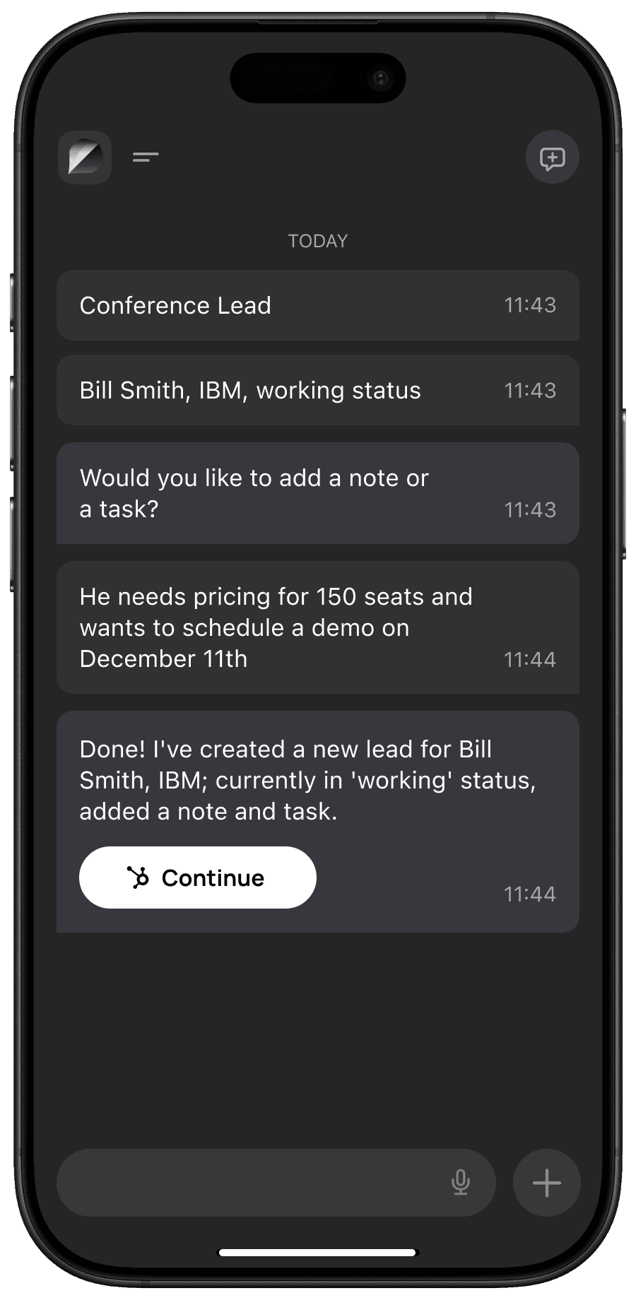 Screenshot of chat with a client