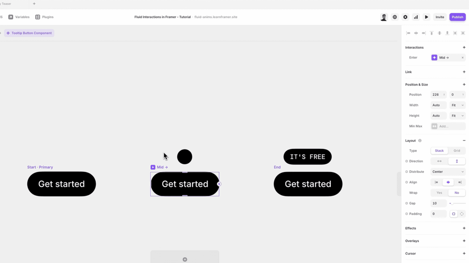 Framer interface displaying a three-stage button animation tutorial, showing transitions from start to mid to end with 'Get started' button states