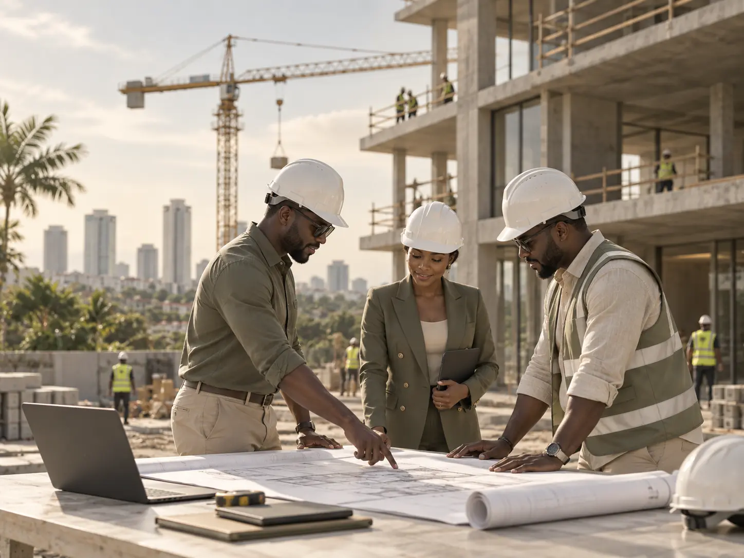 Construction and property development team reviewing building plans in Accra, Ghana