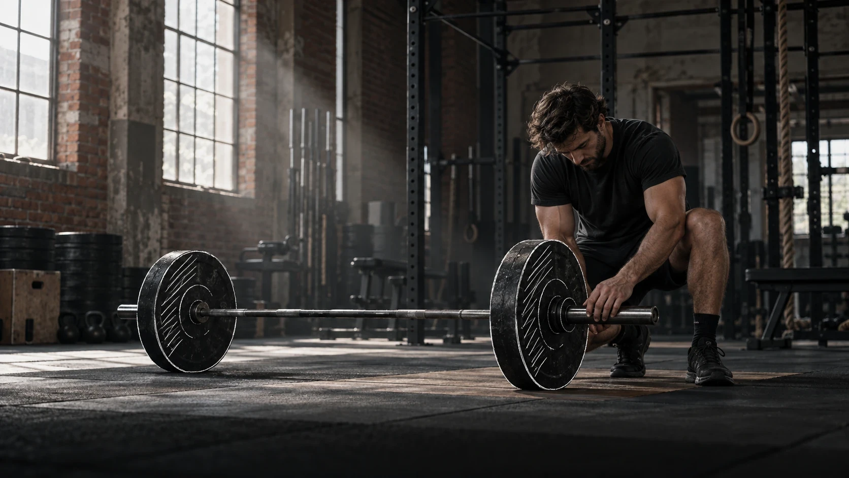 A lifter preparing a barbell on a platform in a brick-walled gym