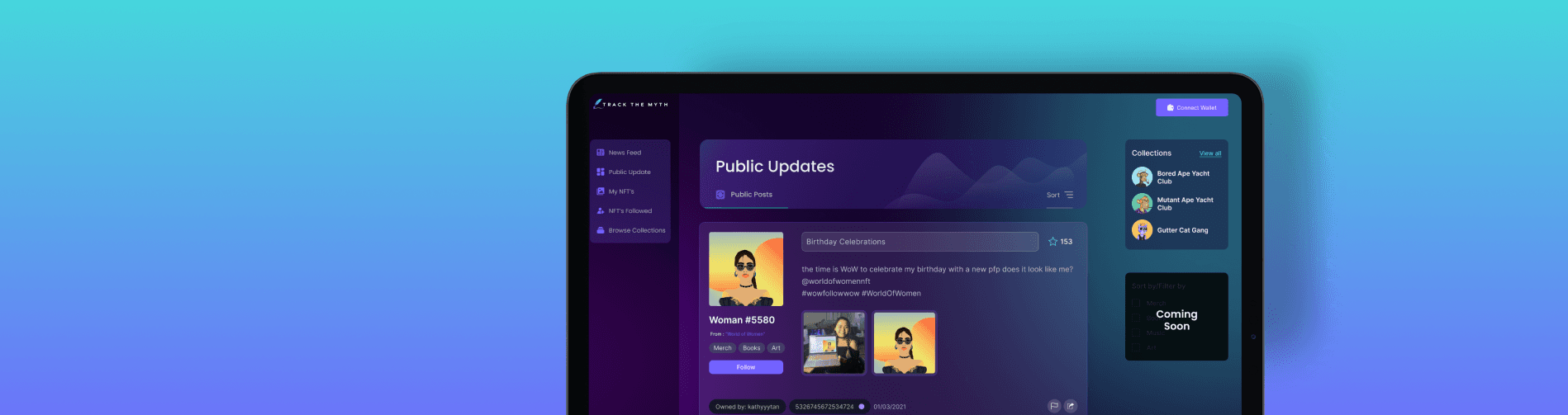 Interface displaying the logging of events for NFTs, creating a comprehensive resume on Track The Myth