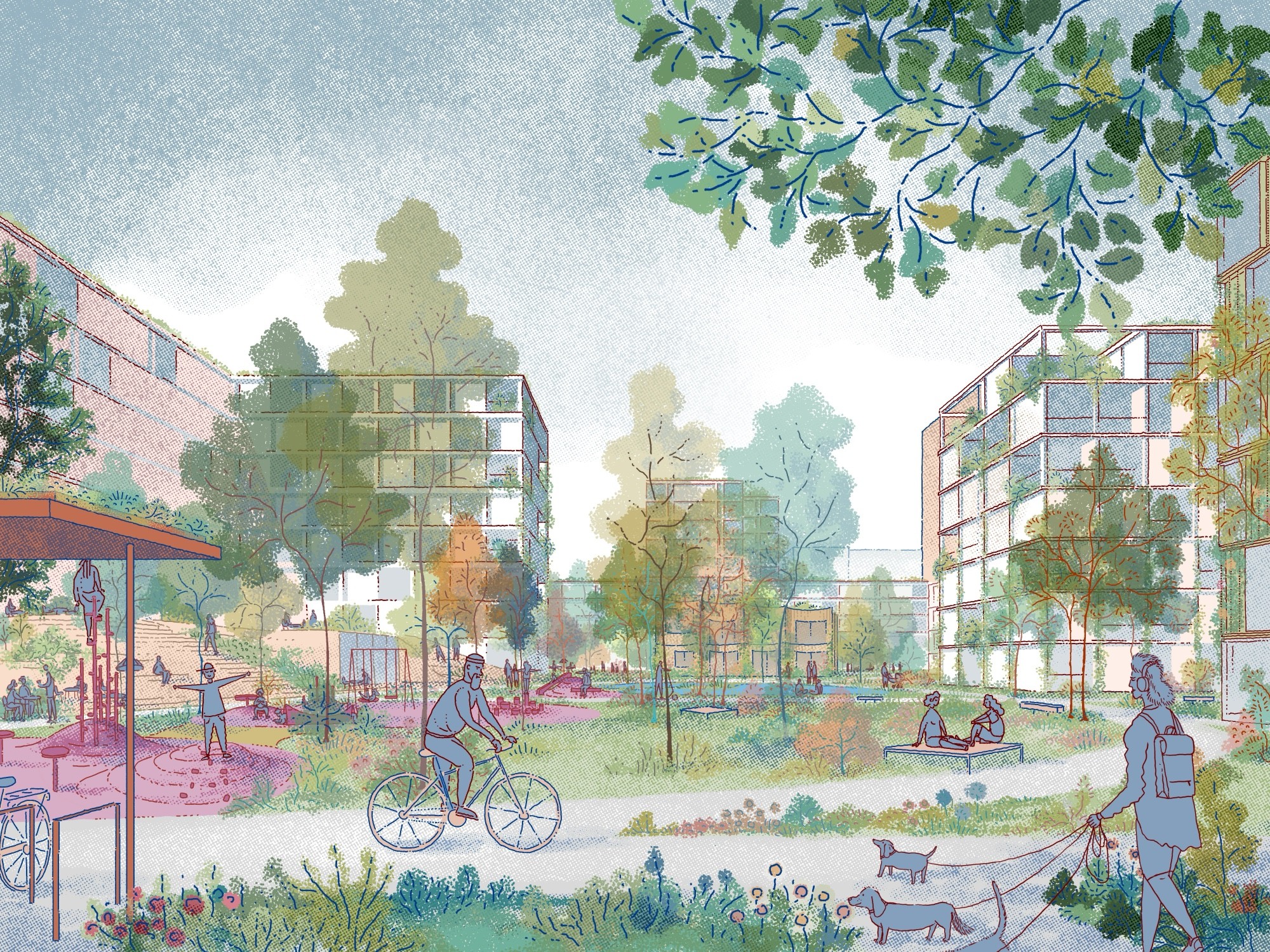 A colorful board game layout featuring various paths, squares, and vibrant illustrations for player interactions.