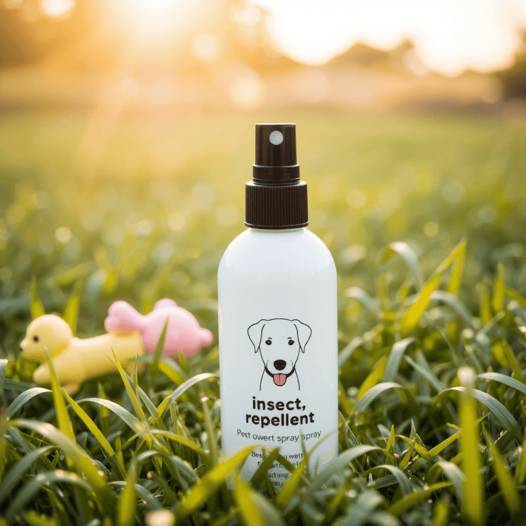 product photography of a bottle of insect repellent spray for pets
