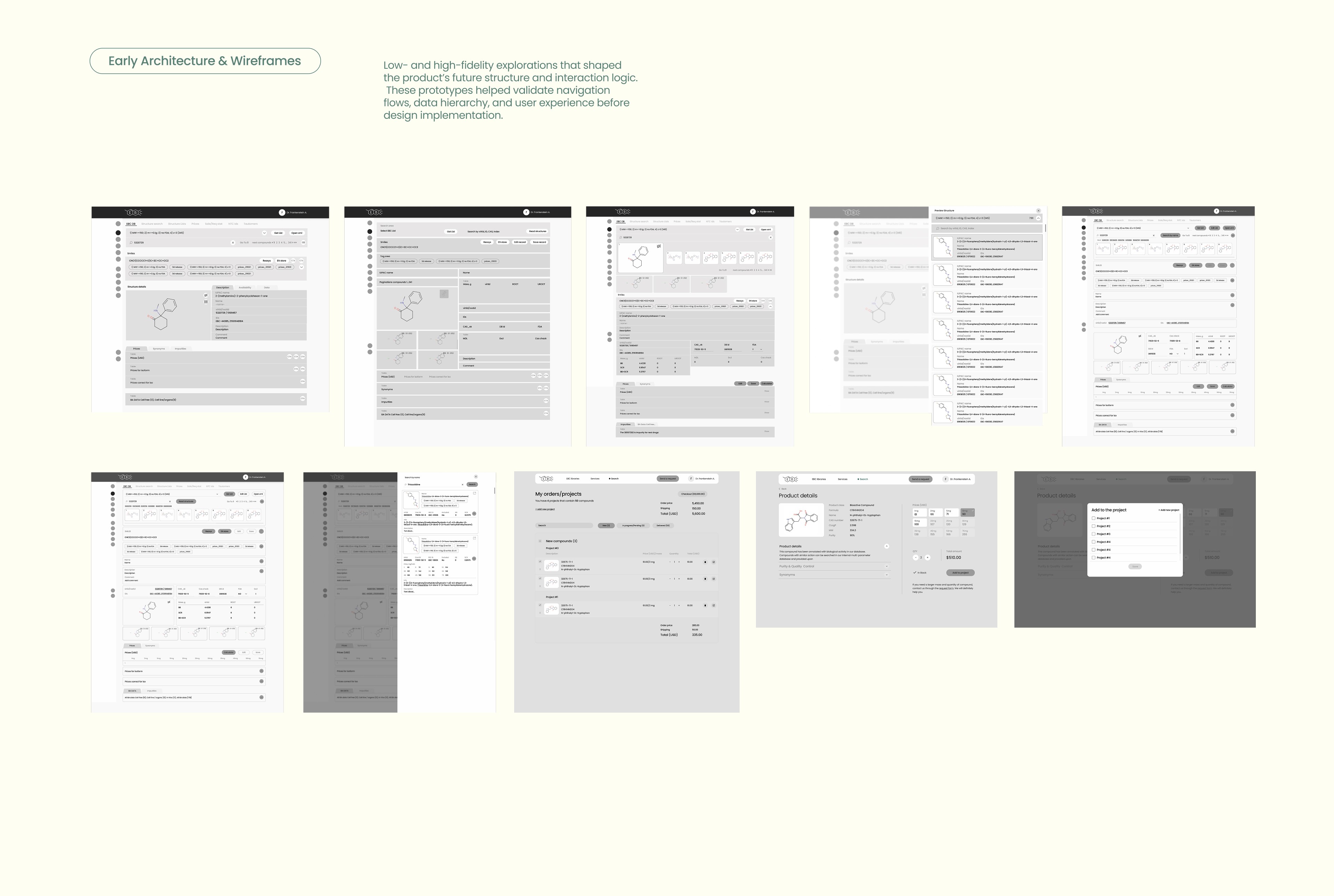 Early wireframes and high-fidelity screens illustrating app structure and navigation flows