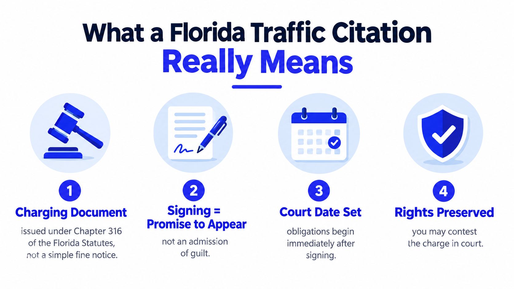 An infographic titled What a Florida Traffic Citation Really Means, explaining legal meanings of traffic tickets.
