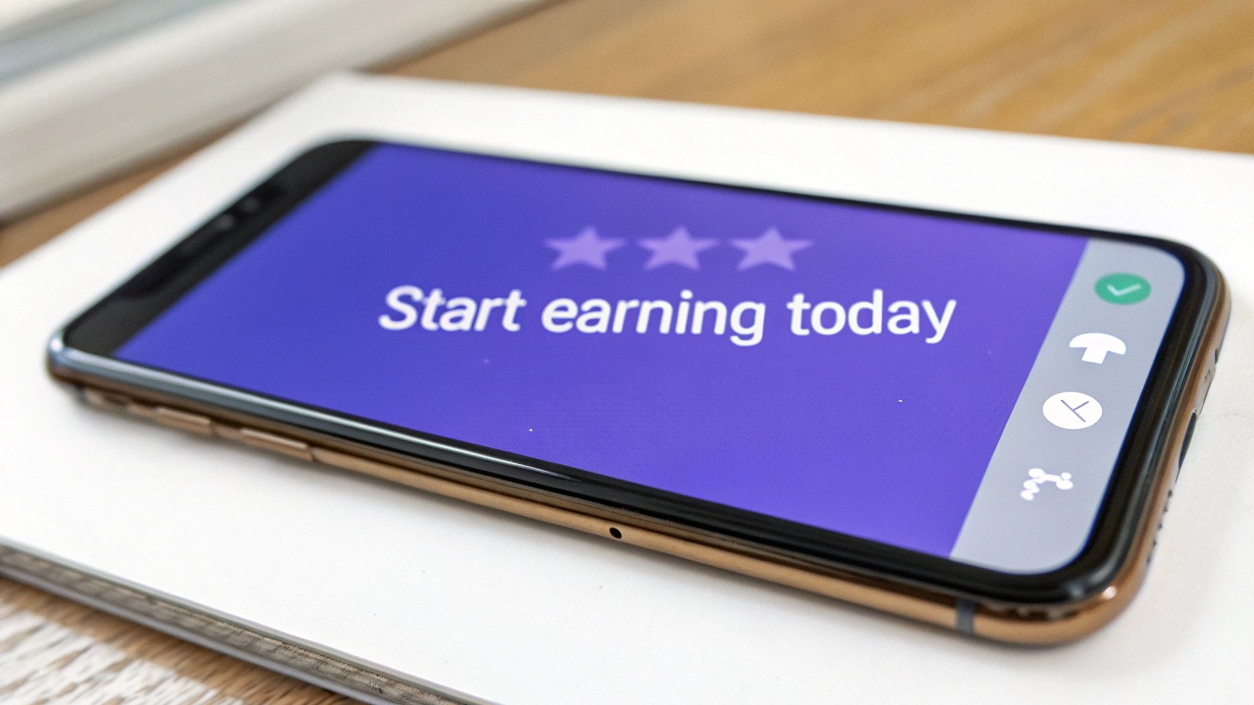A smartphone displaying 'Start earning today' and three stars on a purple screen, showing app interface.