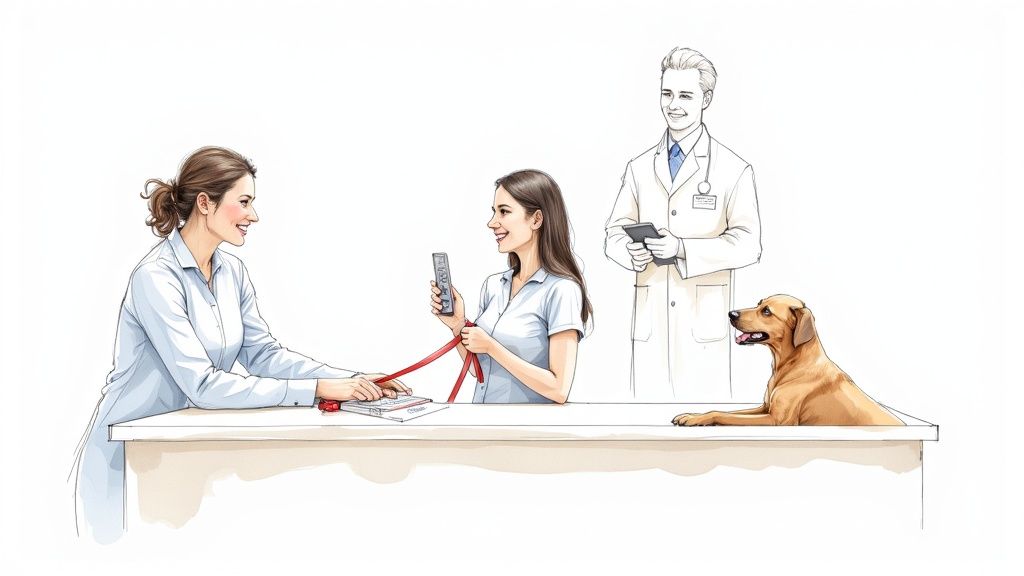 Happy dog with its owner at the veterinary clinic reception desk.