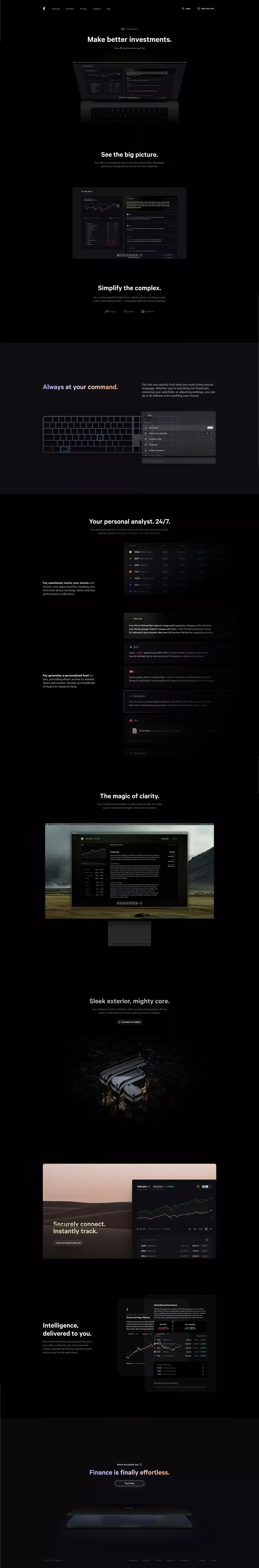 Fey: Make better investments. landing page screenshot showcasing Finance and Tech design