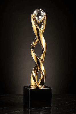 A gold and black award featuring a diamond centerpiece, symbolizing achievement and excellence.