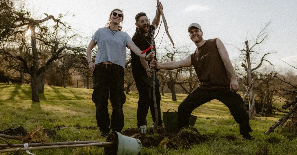 three people planting a tree