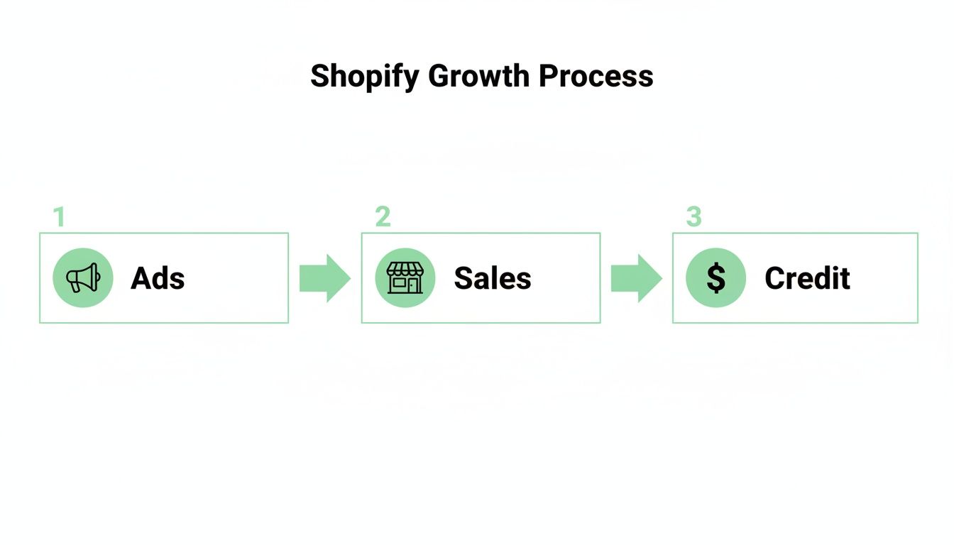 Diagram illustrating the Shopify growth process, showing ads leading to sales, and then to credit.