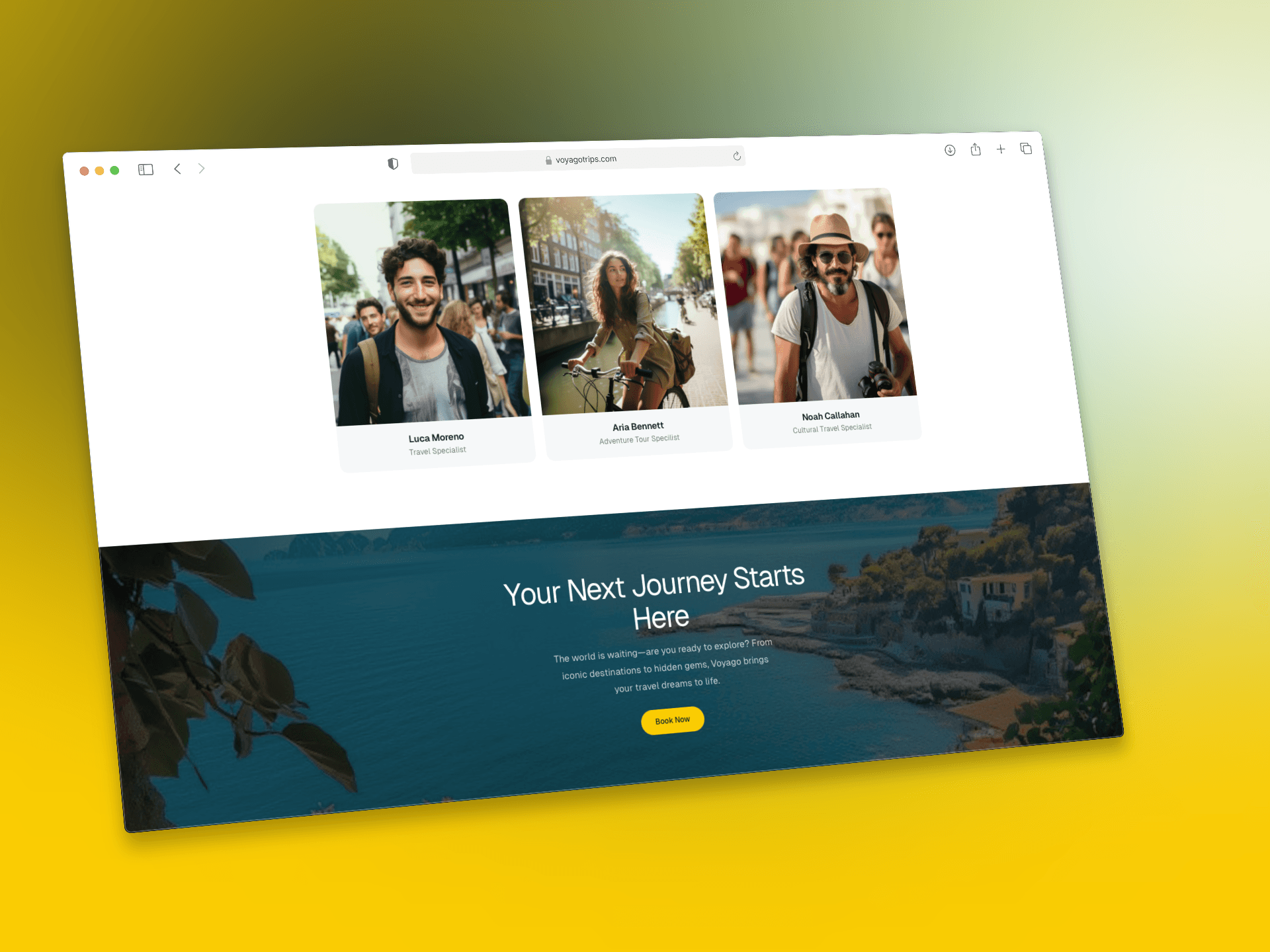 Laptop screen showing separate features of the Voyage site