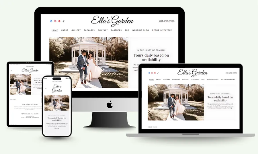 Ella's Garden wedding venue responsive website design mockup on desktop, laptop, and mobile