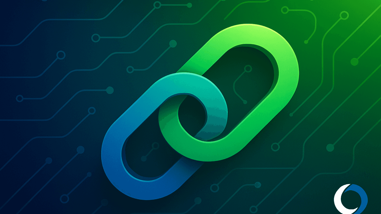 Two chain links connected together on a blue and green background with chip markings. Onyx Platform logo in the corner