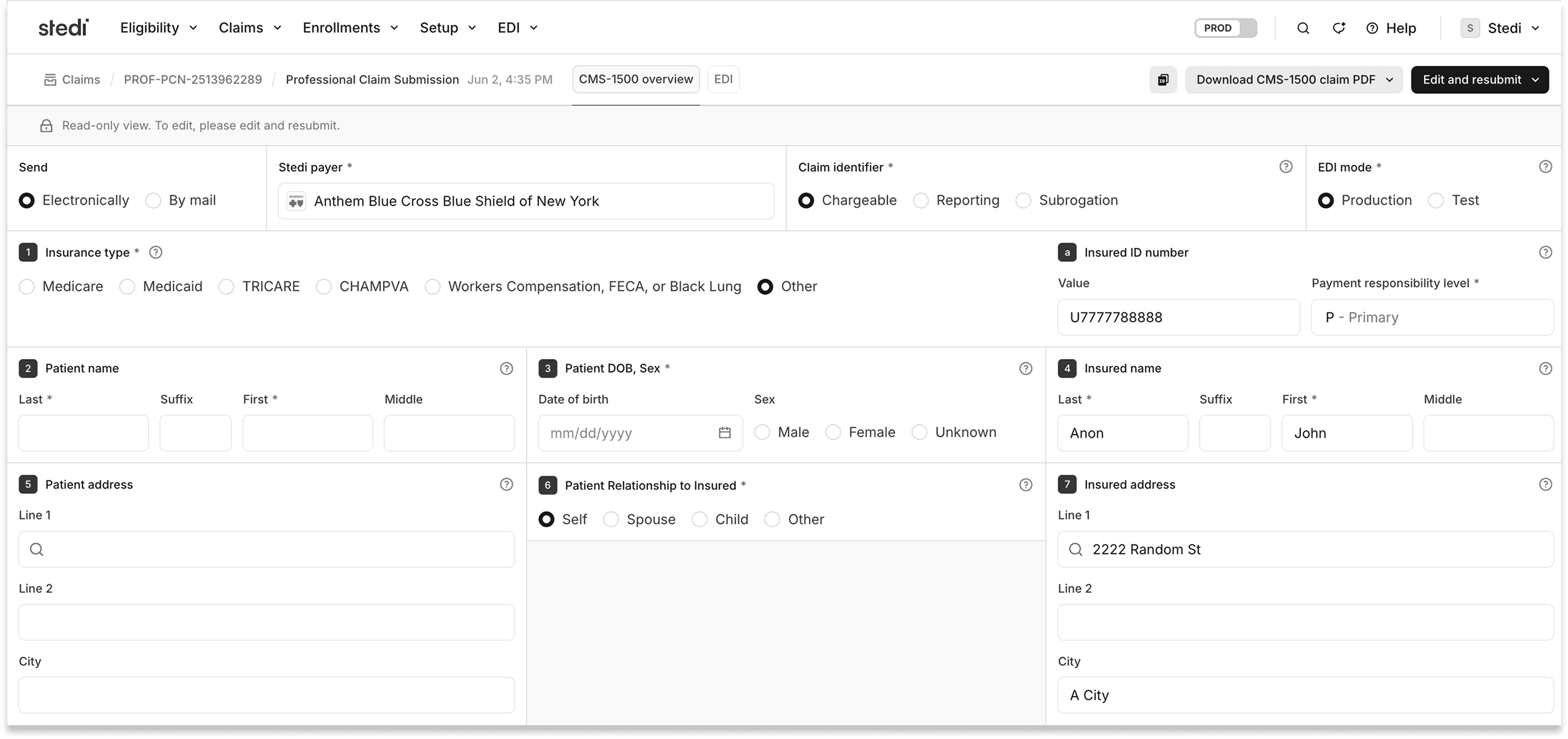 CMS-1500 claim view in the Stedi portal