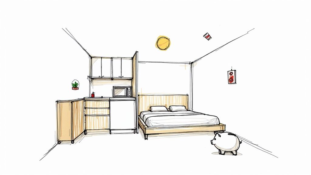 Hand-drawn sketch of a small studio apartment with a kitchenette, bed, and piggy bank.
