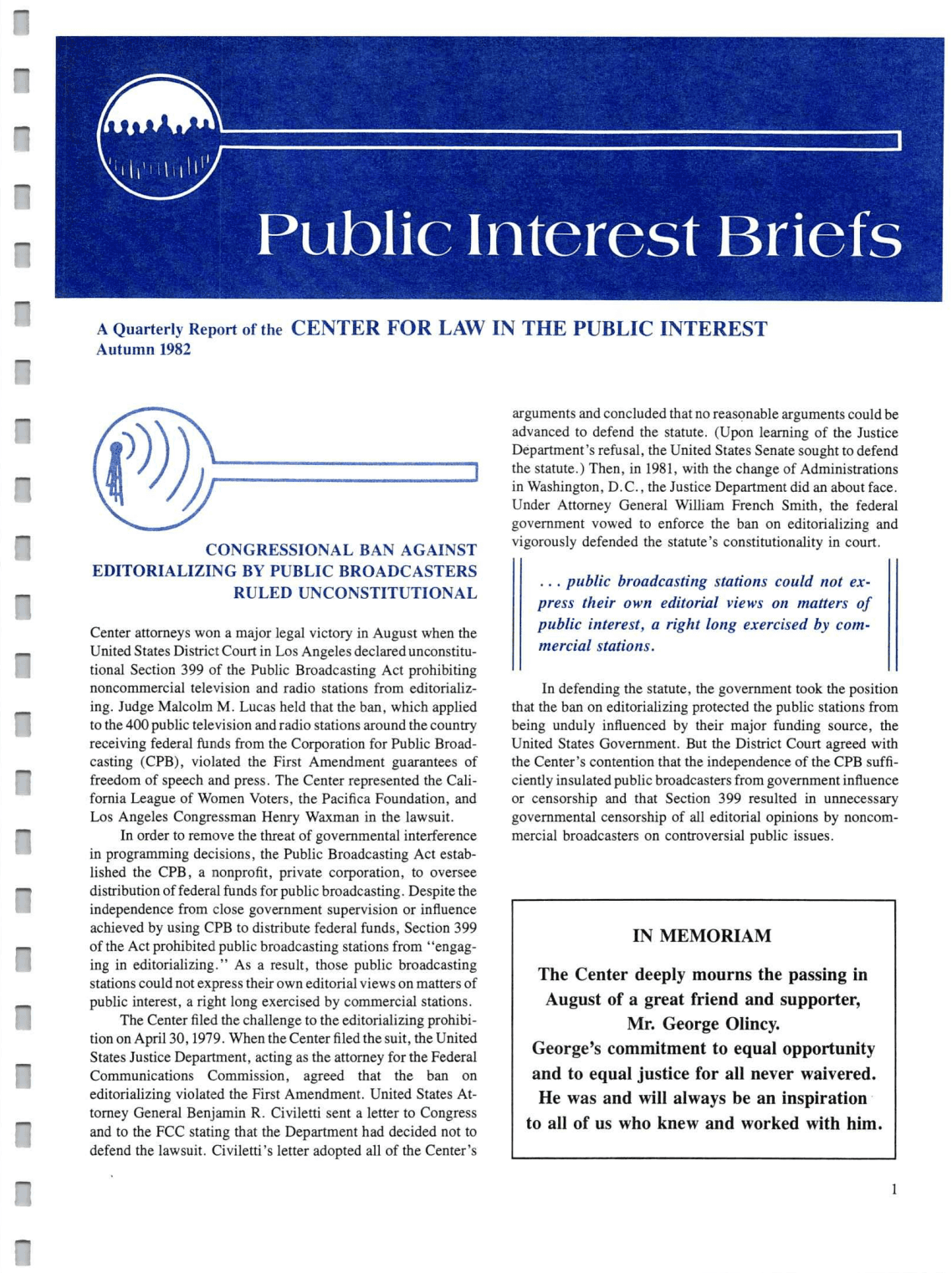 Cover of Center for Law In The Public Interest's Quarterly Report, Autumn 1982 Edition Public Interest Briefs