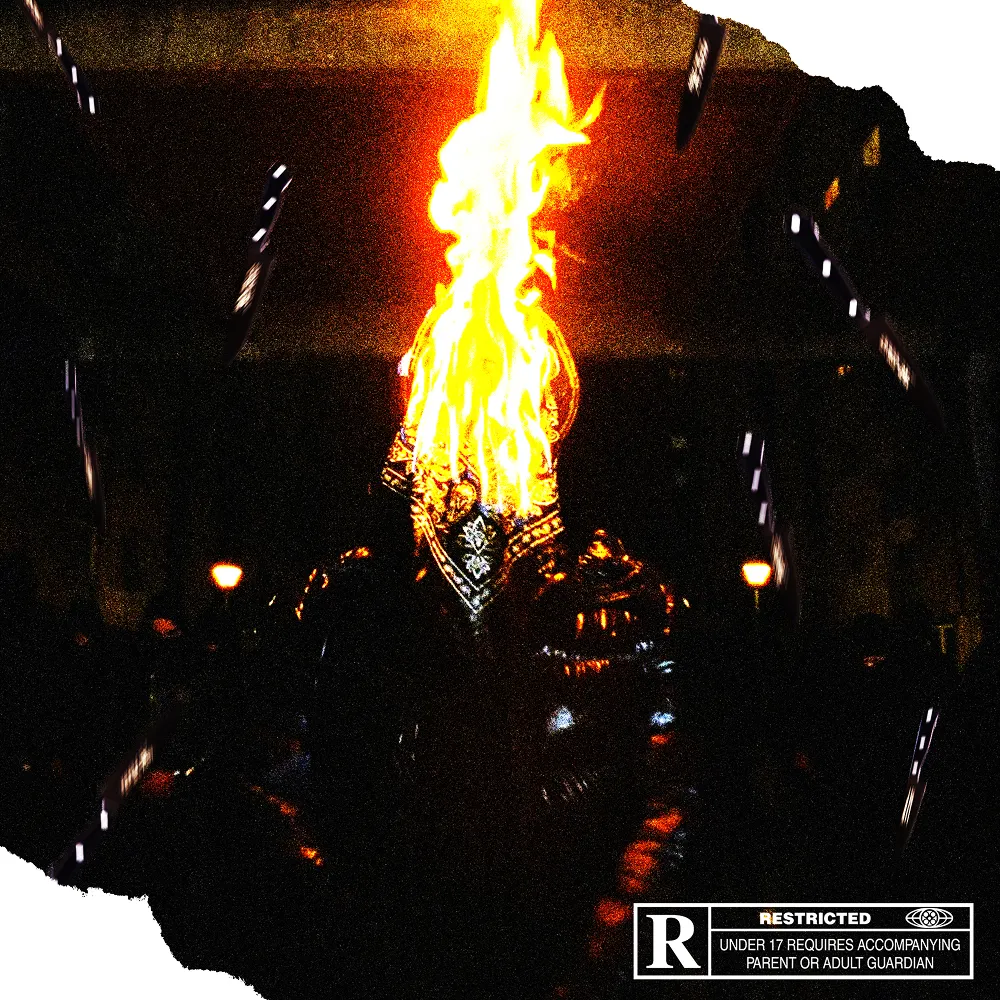 Cover album de Ziak - silhouette en feu entourée de couteaux en lévitation