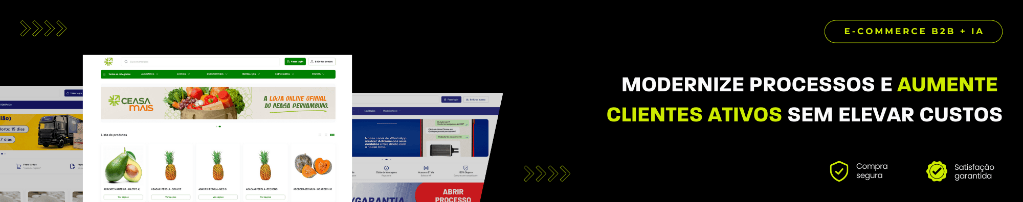 Banner horizontal com fundo escuro, ícones de segurança e satisfação, e imagens de lojas B2B exibidas à esquerda. Elementos gráficos em verde destacam o tema de e-commerce B2B com IA.