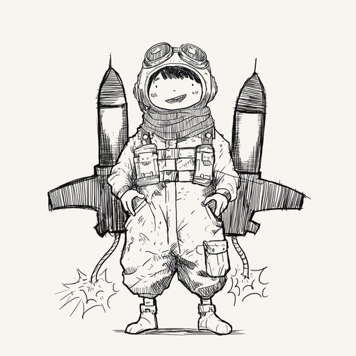 A drawing of a boy with a rocket pack