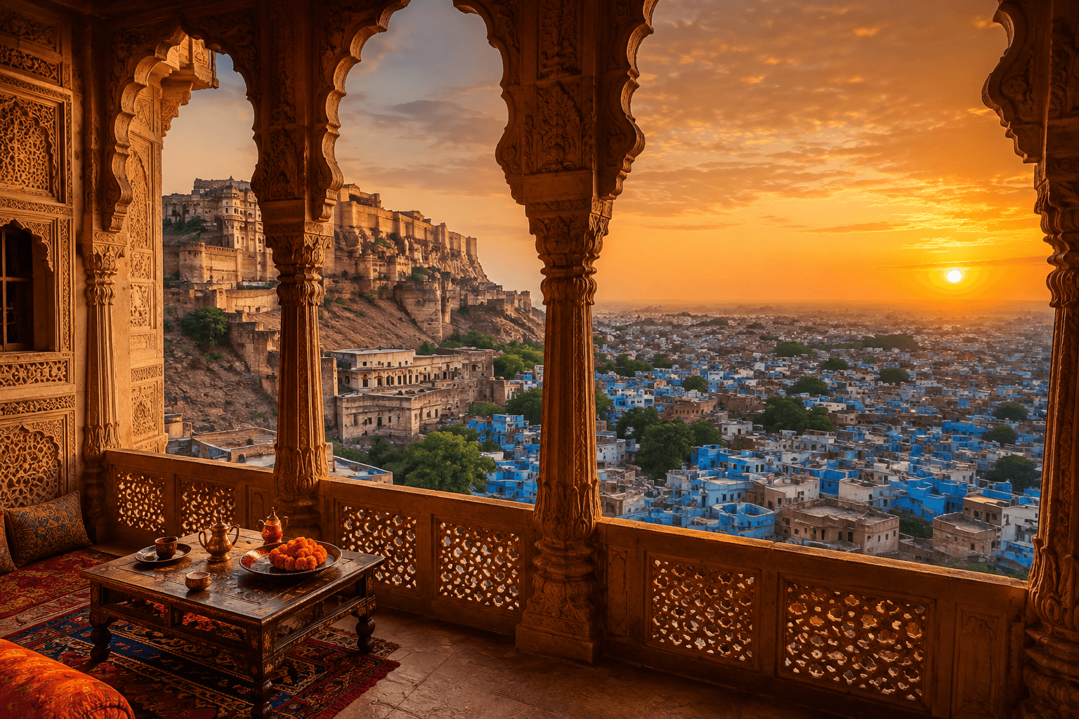 Classic Rajasthan Tour Package banner featuring Hawa Mahal, Amber Fort, a royal camel rider, historic palaces, and a lakeside heritage landscape, showcasing Rajasthan's royal architecture, rich culture, and iconic tourist attractions in India.