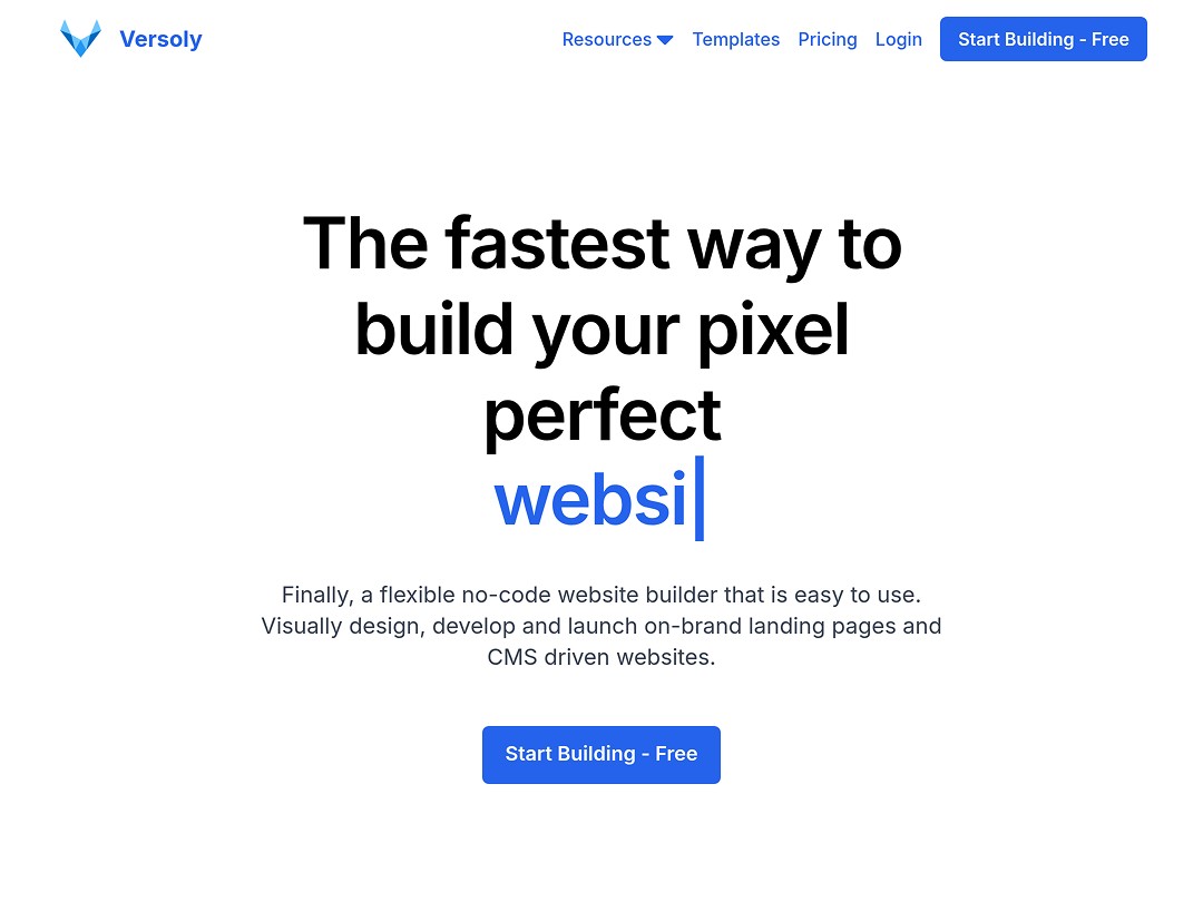 The image showcases the Versoly homepage with bold text stating "The fastest way to build your pixel perfect website" above a button labeled "Start Building - Free," highlighting its role as a no-code web builder solution.