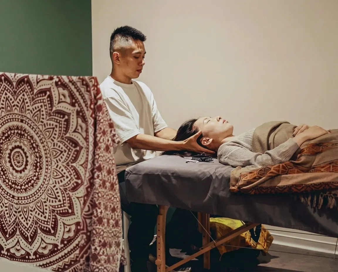 一個人躺在蓋著毛毯的按摩床上,另一個人輕輕地托著他的頭部,在寧靜的室內環境中提供平靜的somatic experience身體經驗和靈氣。前景懸掛著一塊有圖案的布。