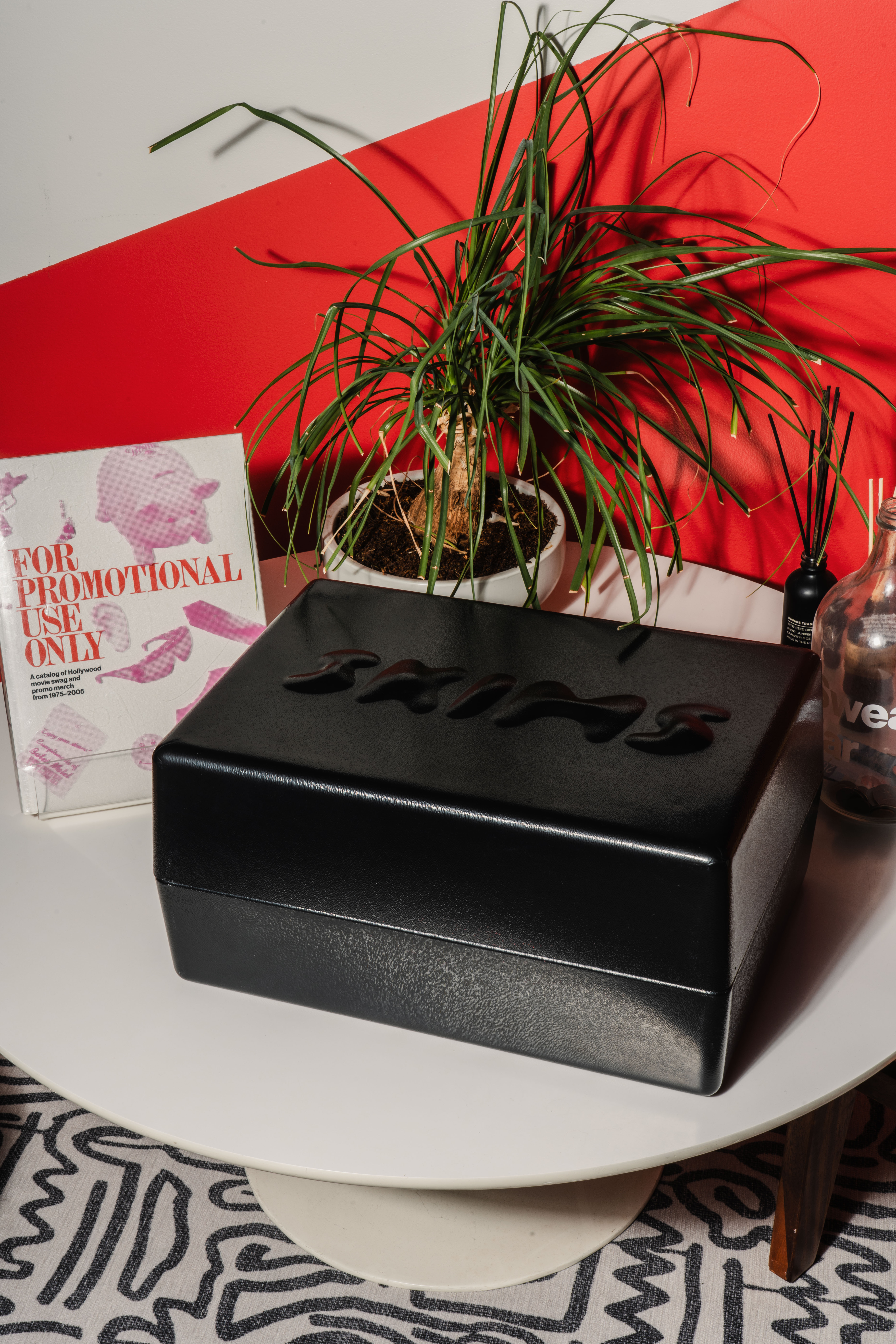 A black SKIMS box customized by Brand+Aid sits on a table next to a small potted plant and a book against a red wall.