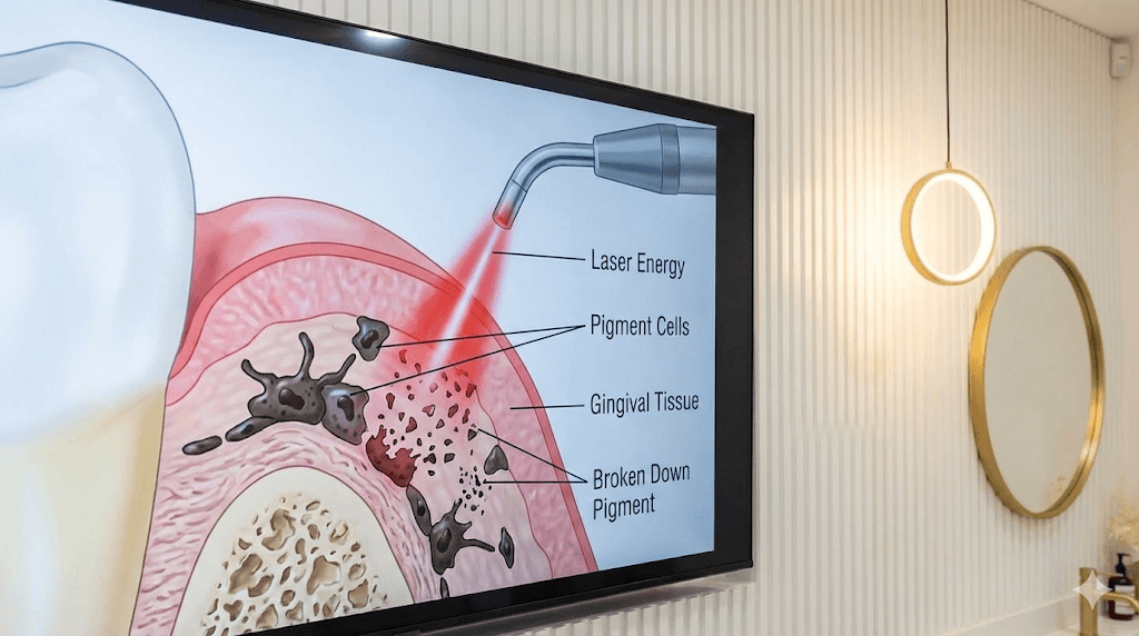 Illustration showing the laser energy breaking down pigment cells in the gingival tissue.