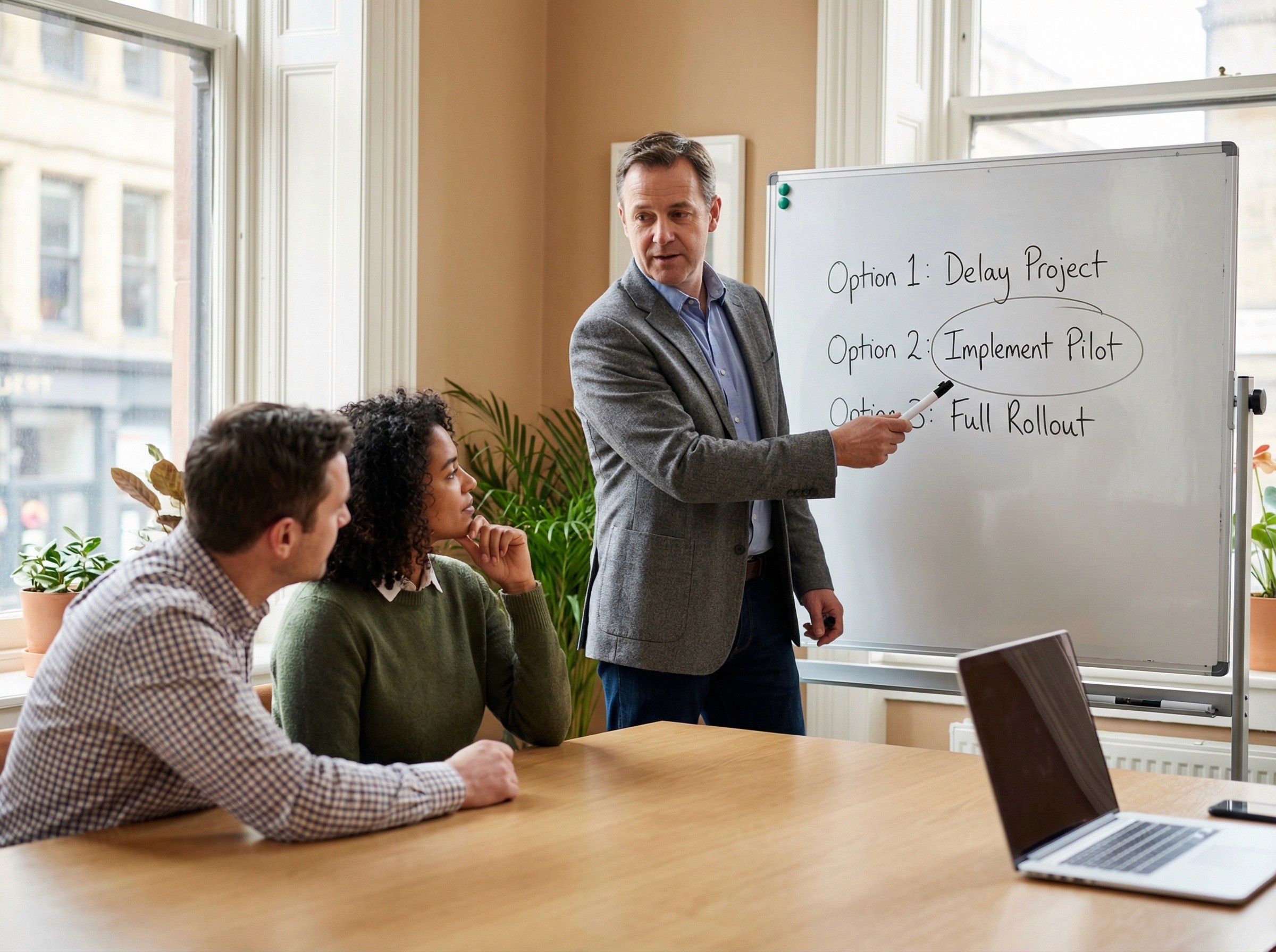 A WHS director in his early 50s standing at the front of a small meeting room, having just made a decision. He is turned slightly toward a whiteboard where three options have been handwritten in marker — rough, real handwriting, not printed text — with one circled. His hand is still holding the marker, cap off. Two colleagues at the table are looking at the whiteboard, one nodding. A laptop at the end of the table is open but facing away from the group — present in the room but not the centre of attention. The decision was made by humans in conversation. The laptop will capture it.