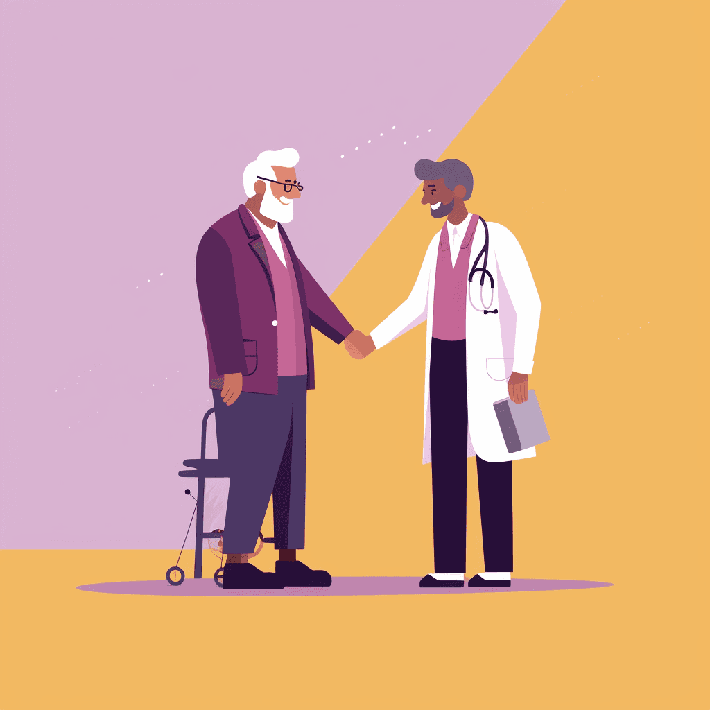 A doctor shaking hands with an elderly patient using a walker.