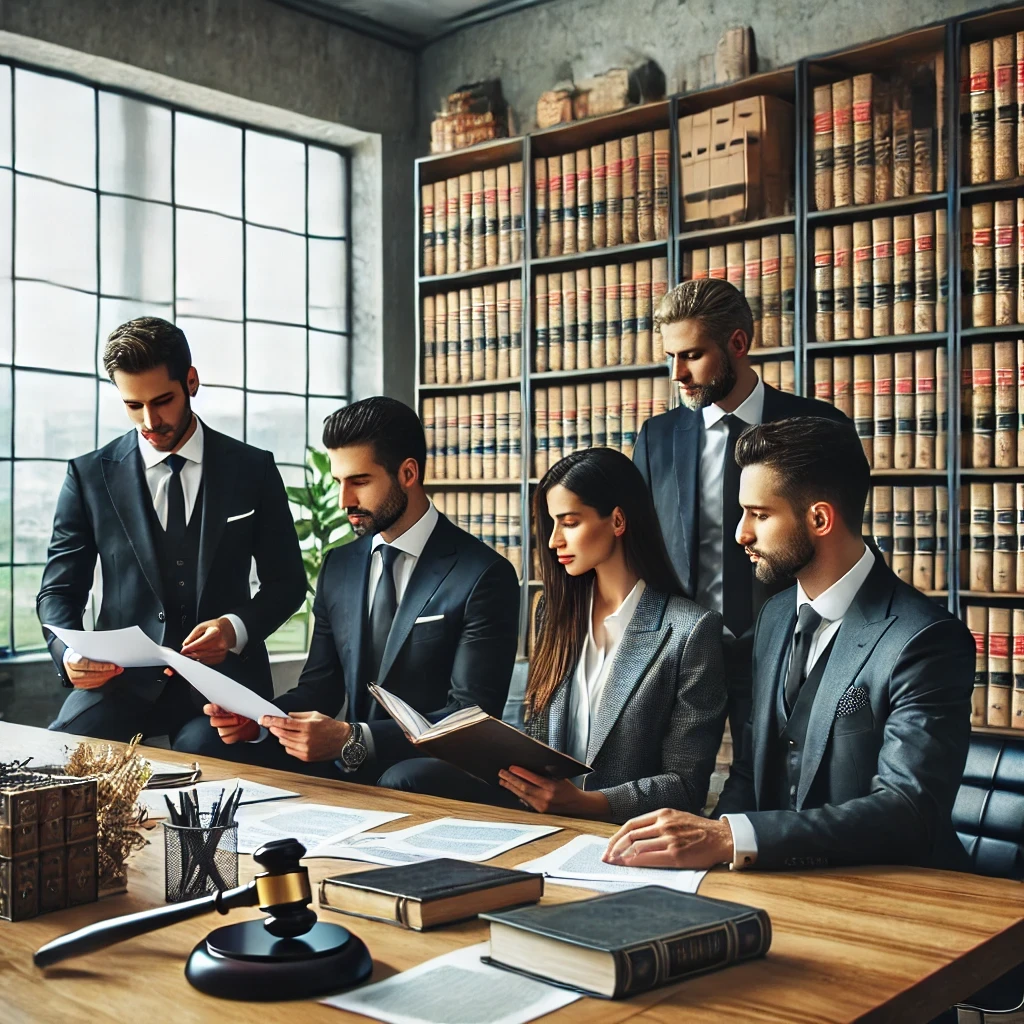 Group of immigration lawyers discussing documents in a professional office setting, showcasing collaboration and expertise.
