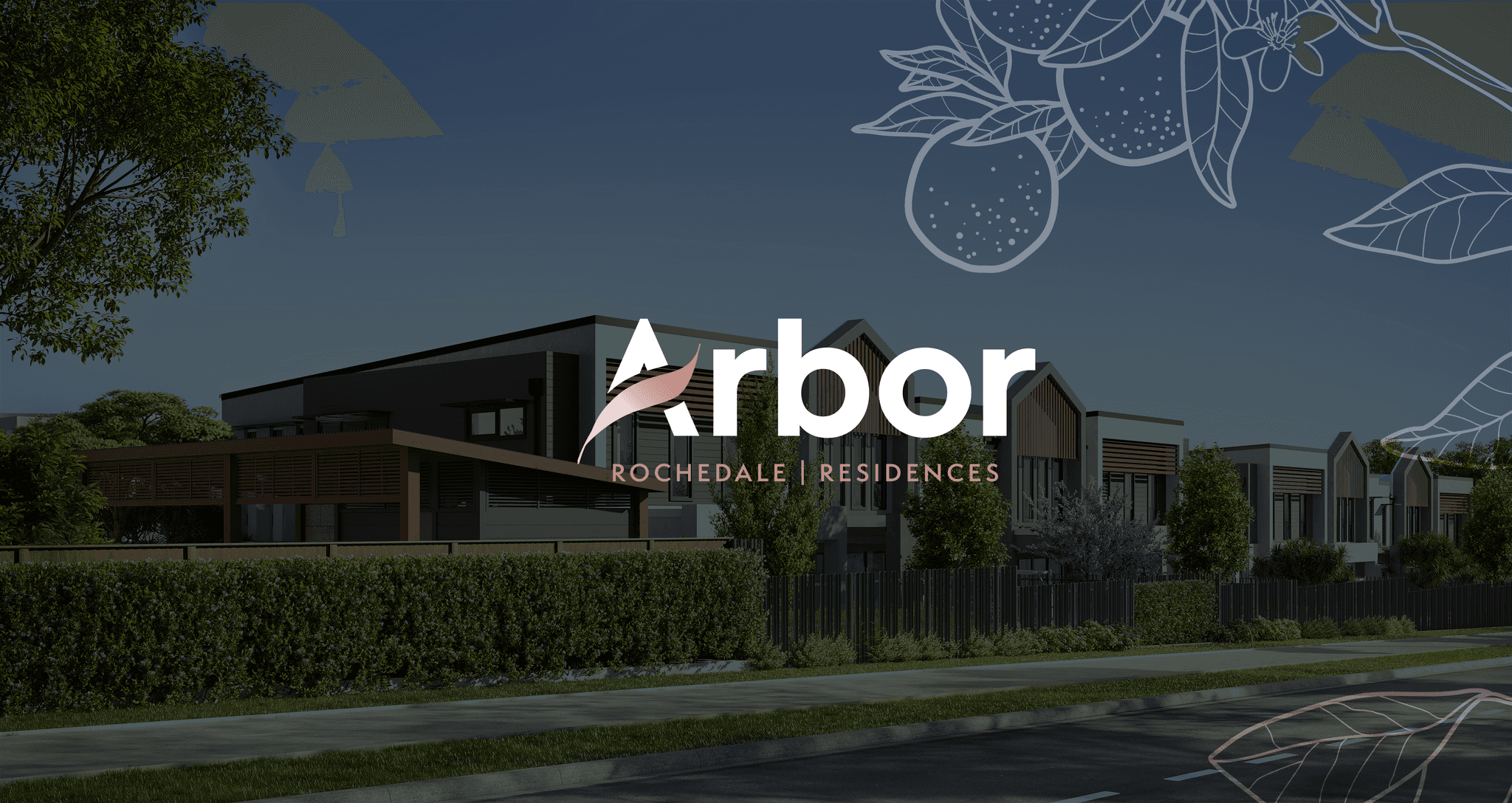 Modern residential complex with lush greenery and contemporary design. Overlay text reads "Arbor Rochedale Residences" with botanical line art.