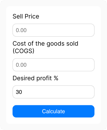 CPA Calculator Interface: An online calculator with input fields for Sell Price, Cost of Goods Sold (COGS), and Desired Profit Percentage, set at 30%. Users can customize the desired profit percentage and use the blue 'Calculate' button. The result section displays the Target CPA value, currently $0, while maintaining a 30% profit margin.