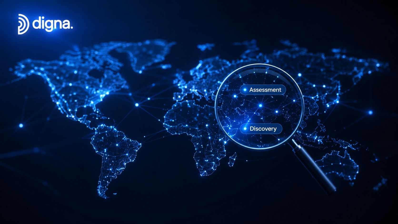 A digital map of the world with a magnifying glass focused on the Middle East region.